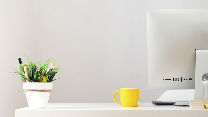 pot de fleur et tasse posés sur un bureau